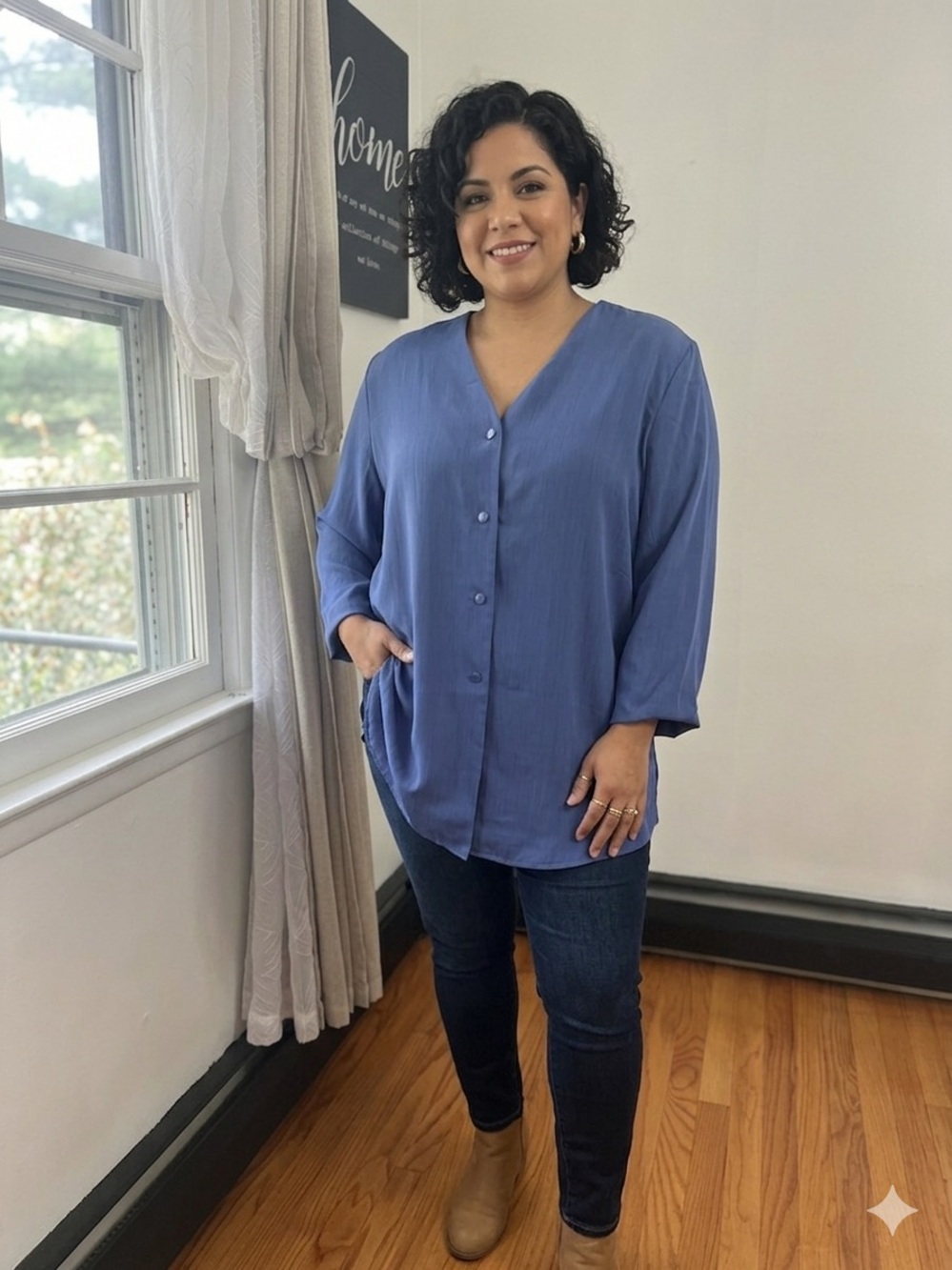 Relaxed V-Neck Button-Front Blouse in Periwinkle Blue